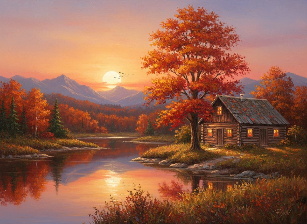 Autumn Cabin Sunset Landscape Oil Painting