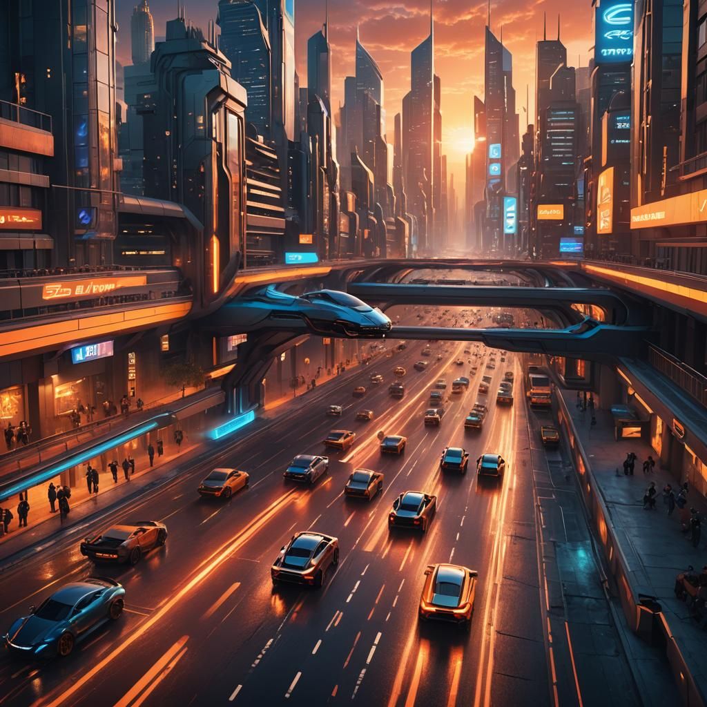 Cars Racing in Futuristic City at Night