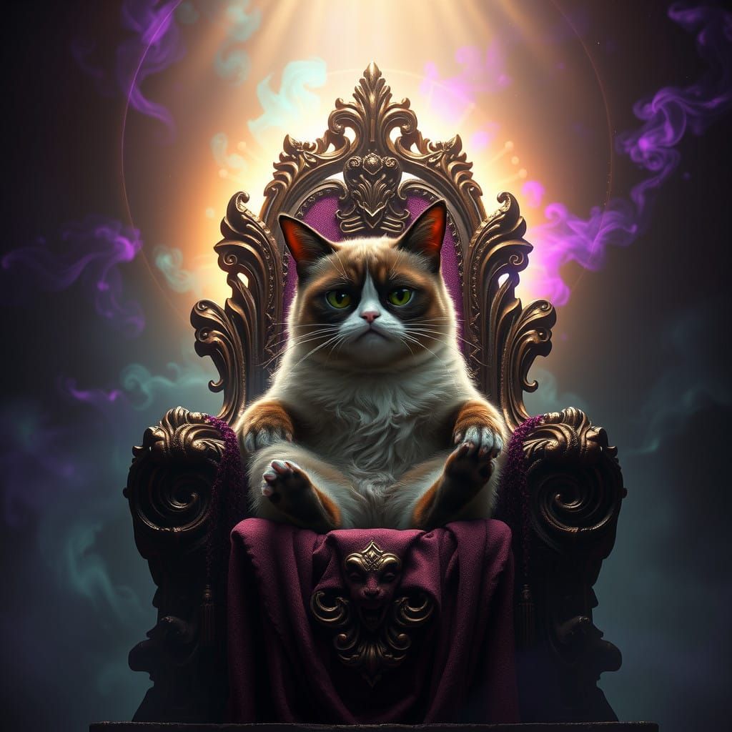 Regal Feline on Ancient Throne in Dark Fantasy Setting