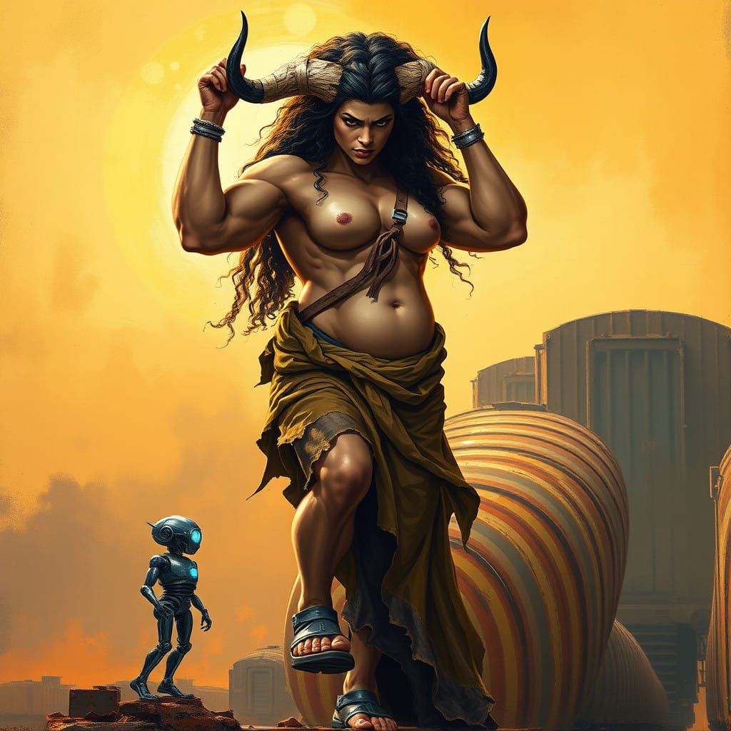 Majestic Minotaur Woman in Oil Painted Sunset Scene