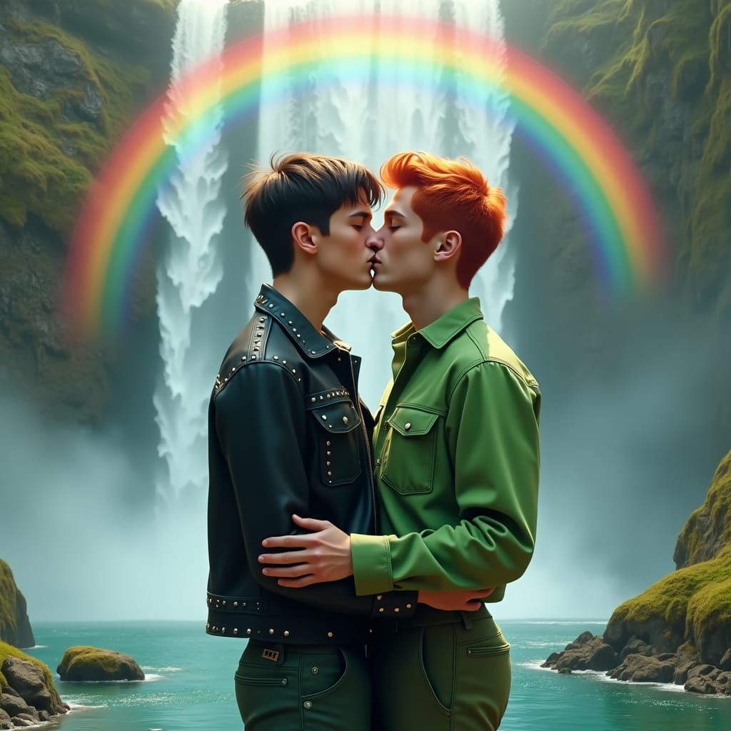 Romantic Embrace Under Rainbow Waterfall: Digital Matte Pain...