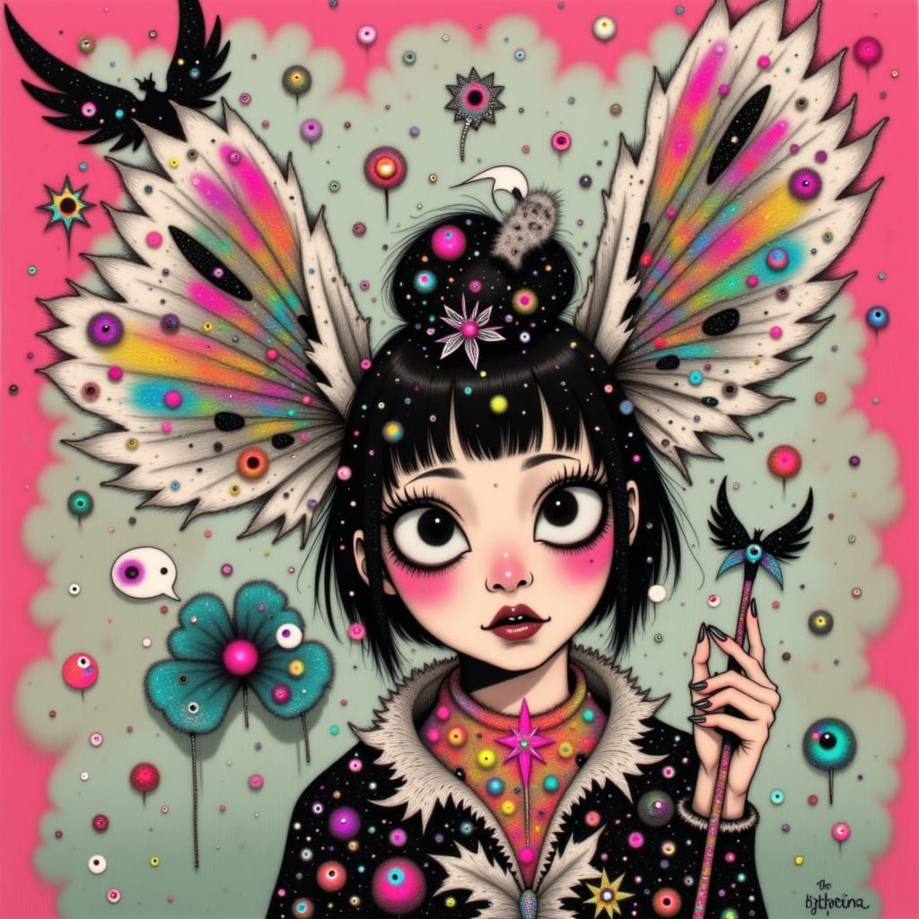 Art Nouveau Punk Pixie with Metallic Pigeon