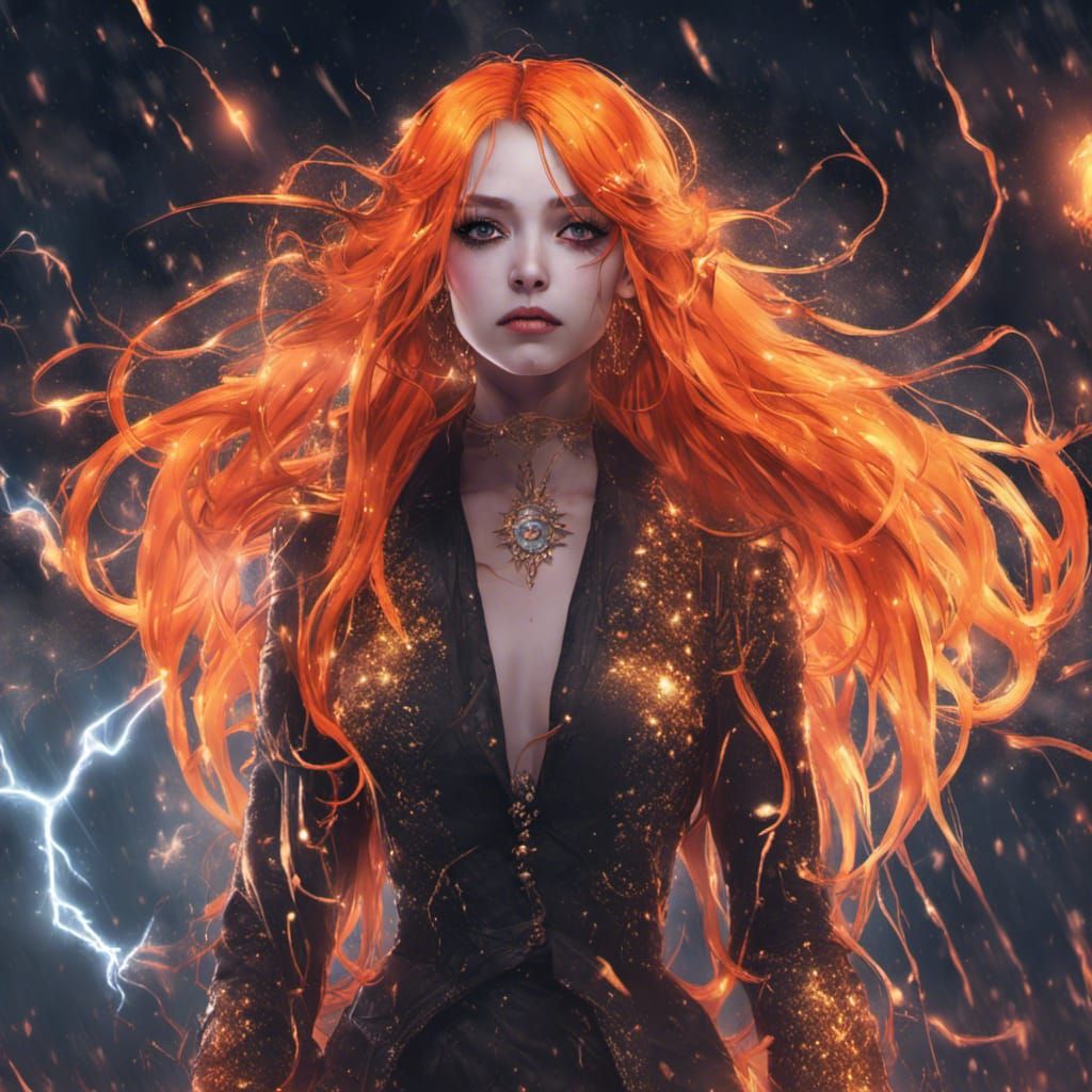 Woman with Neon Hair in Chaotic Galaxy Storm