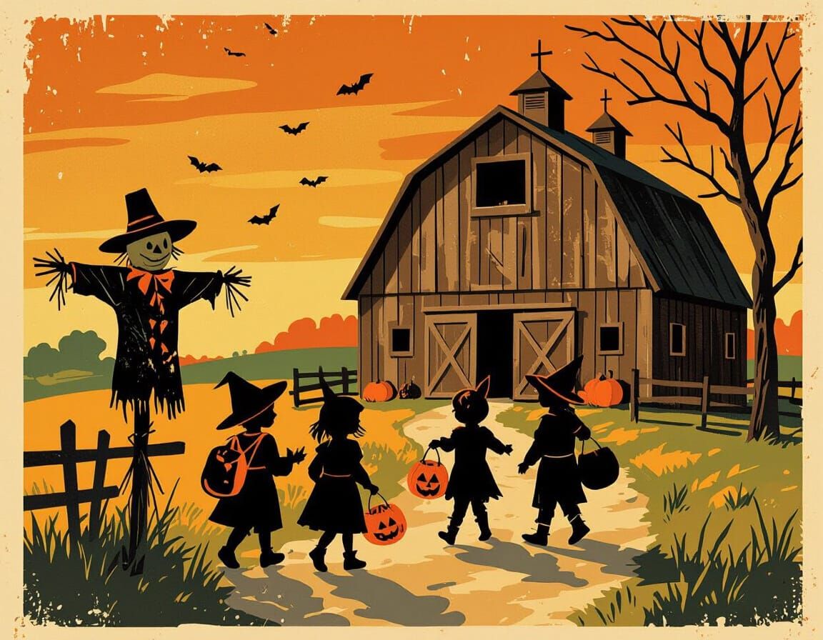 Vintage Halloween Scene in WPA Poster Style