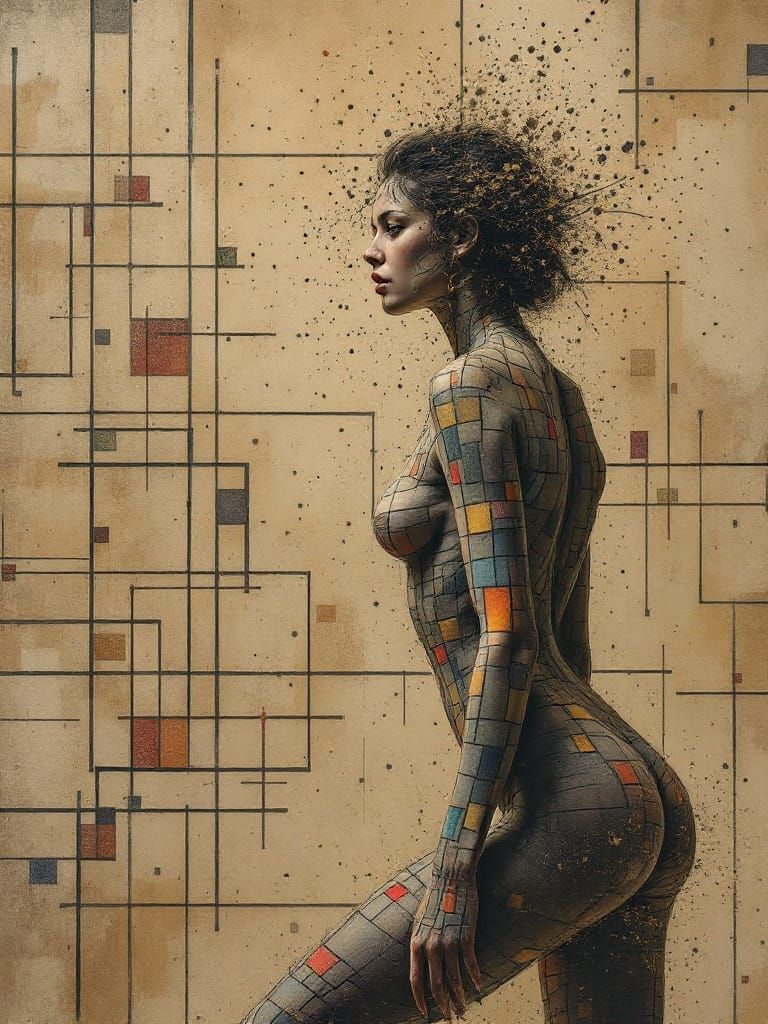 Woman Merges with Geometric Wall in Desolate Landscape