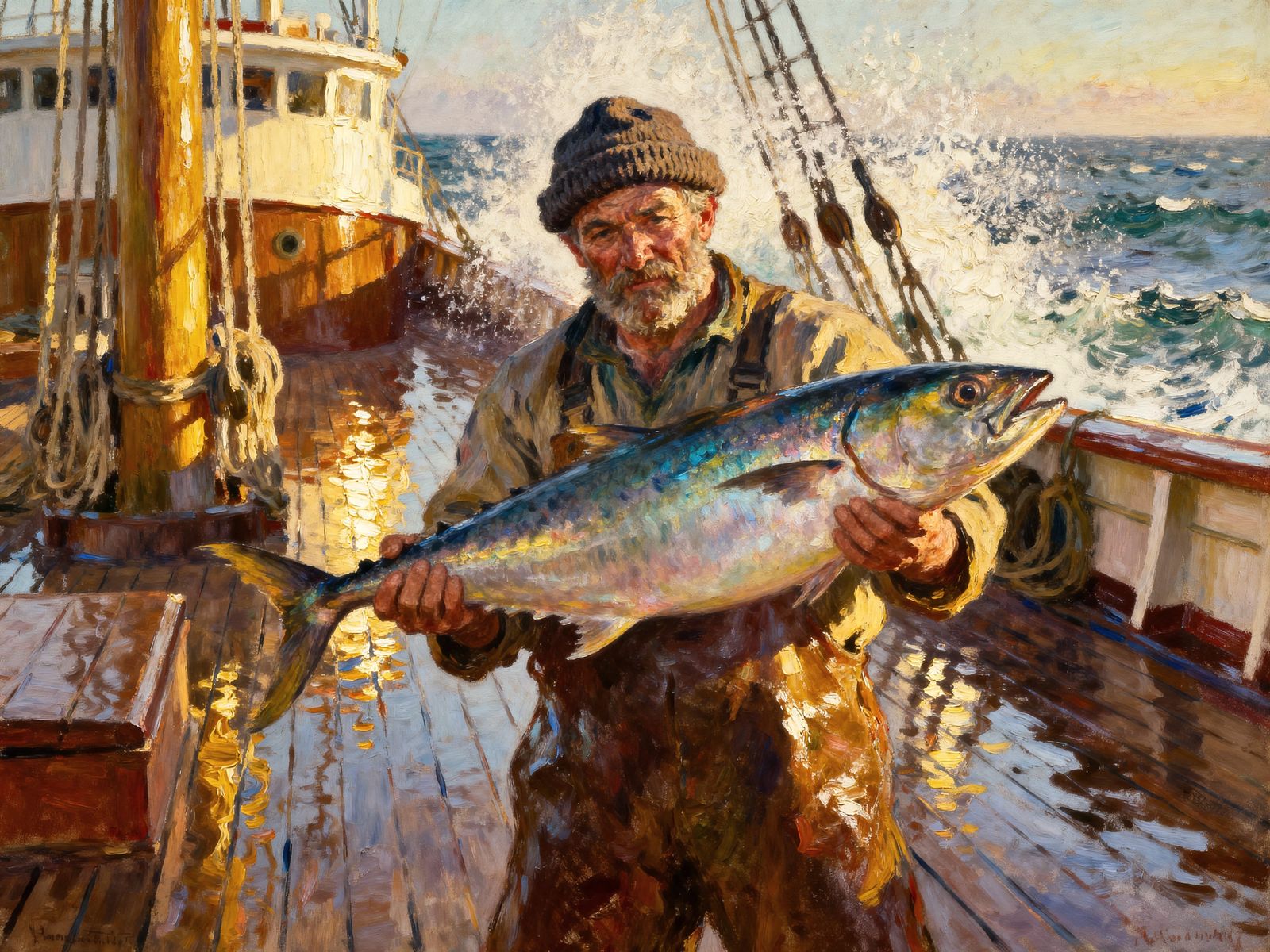 Fisherman's Catch: Oil Painting of a Grand Boat