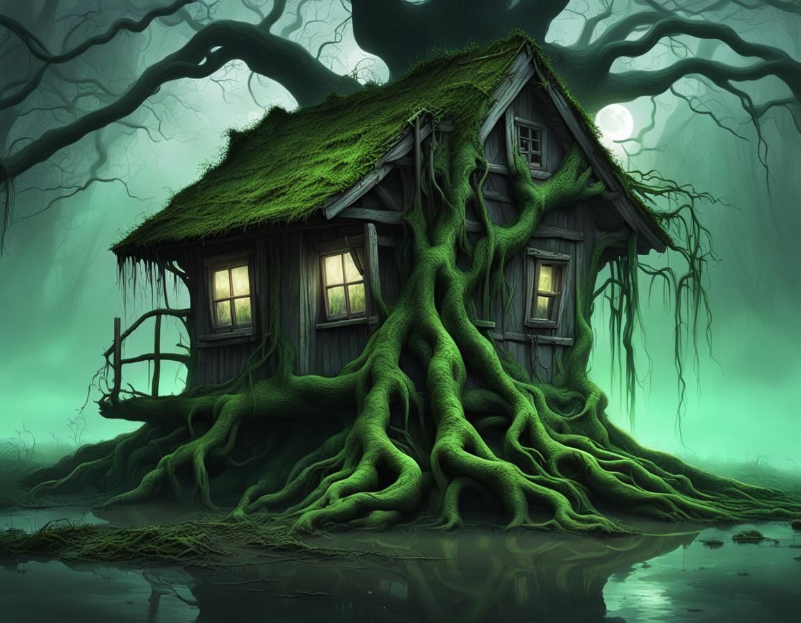 Spooky Hut Under Overgrown Tree in Swamp