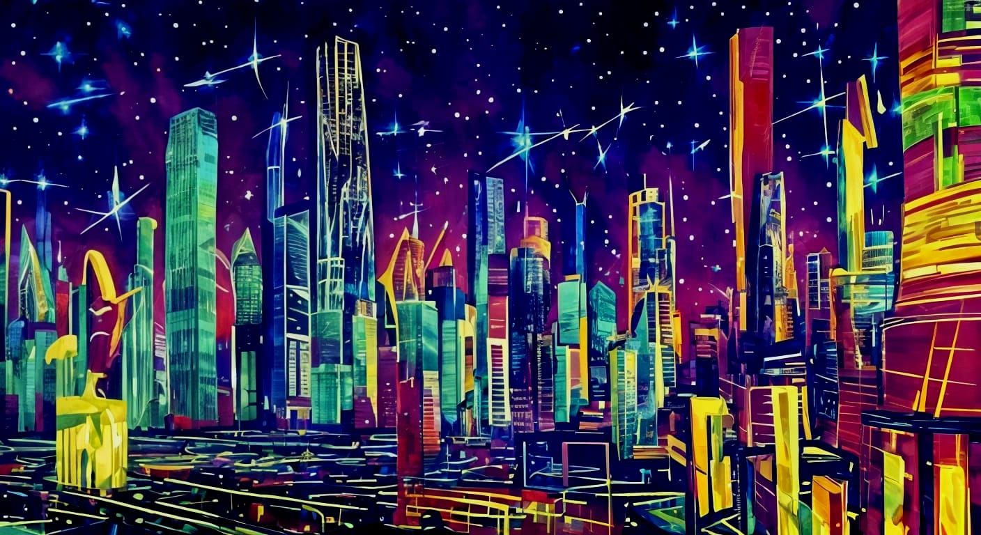Spirit Woman Dances in Starry Skyscraper City