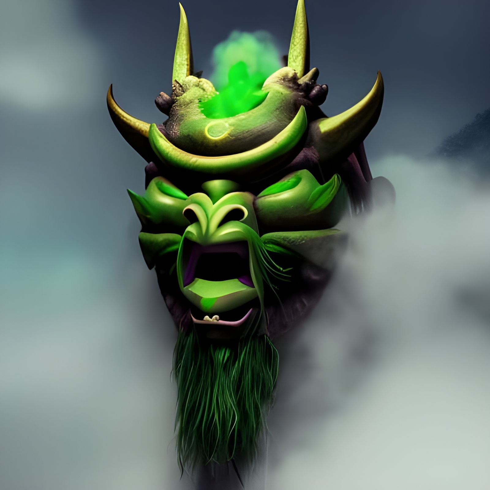 Detailed Oni Mask with Green Smoke