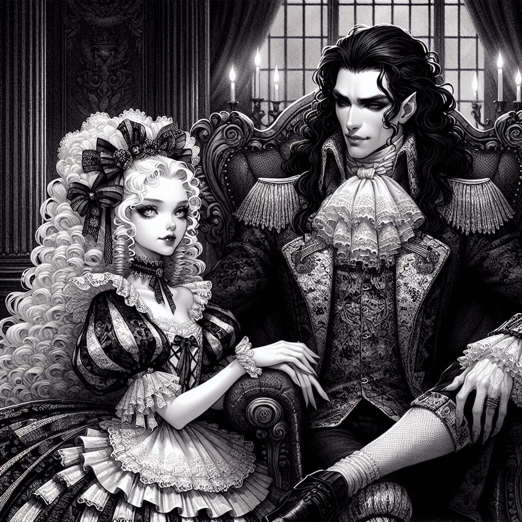 Vampire King with French Maid in Dark Throne Room
