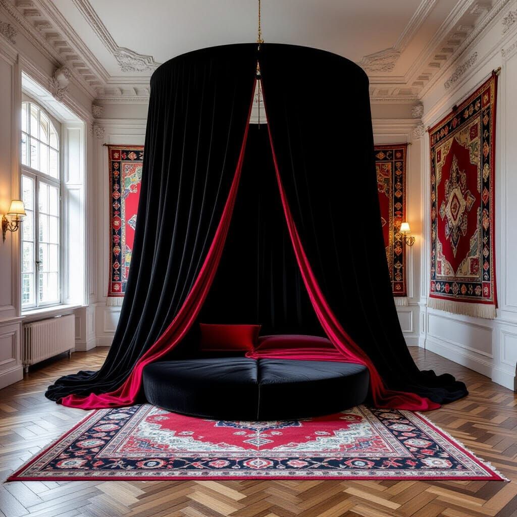 Luxurious Room with Velvet Canopy and Rich Tapestries