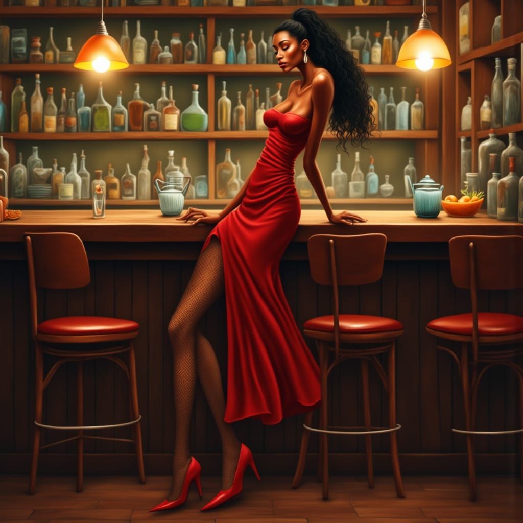 Persian Woman in Red Dress at a Bar