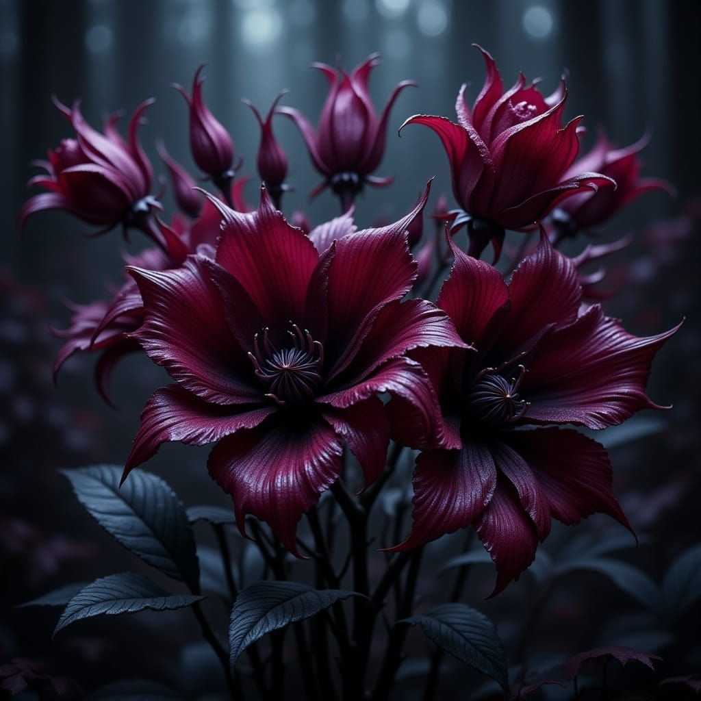 Gothic Razor Petal Flowers in Dystopian Neon Noir