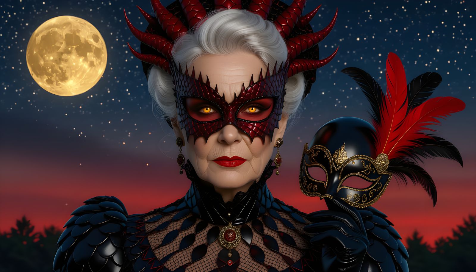 Diabolic Woman with Dragon Scales in Starry Night