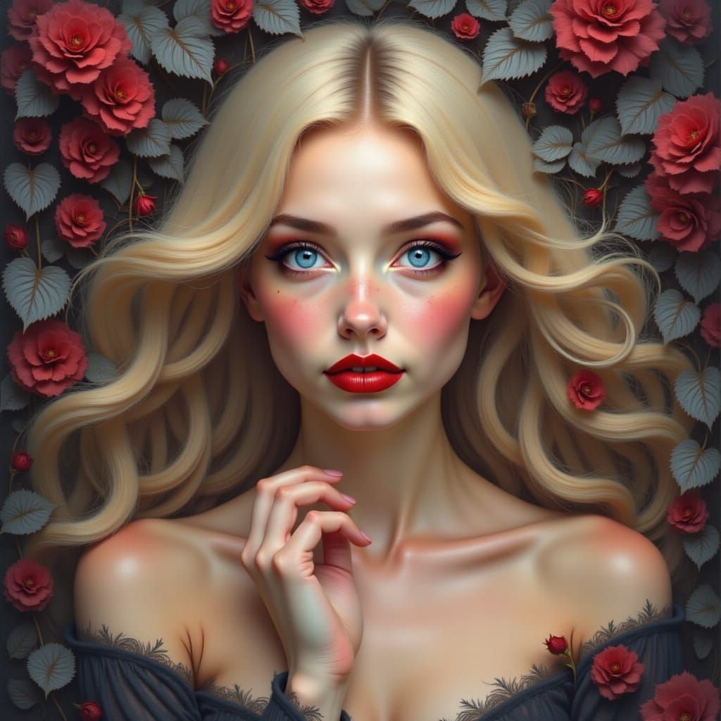 Dreamy Woman Portrait with Flowing Hair and Foliage