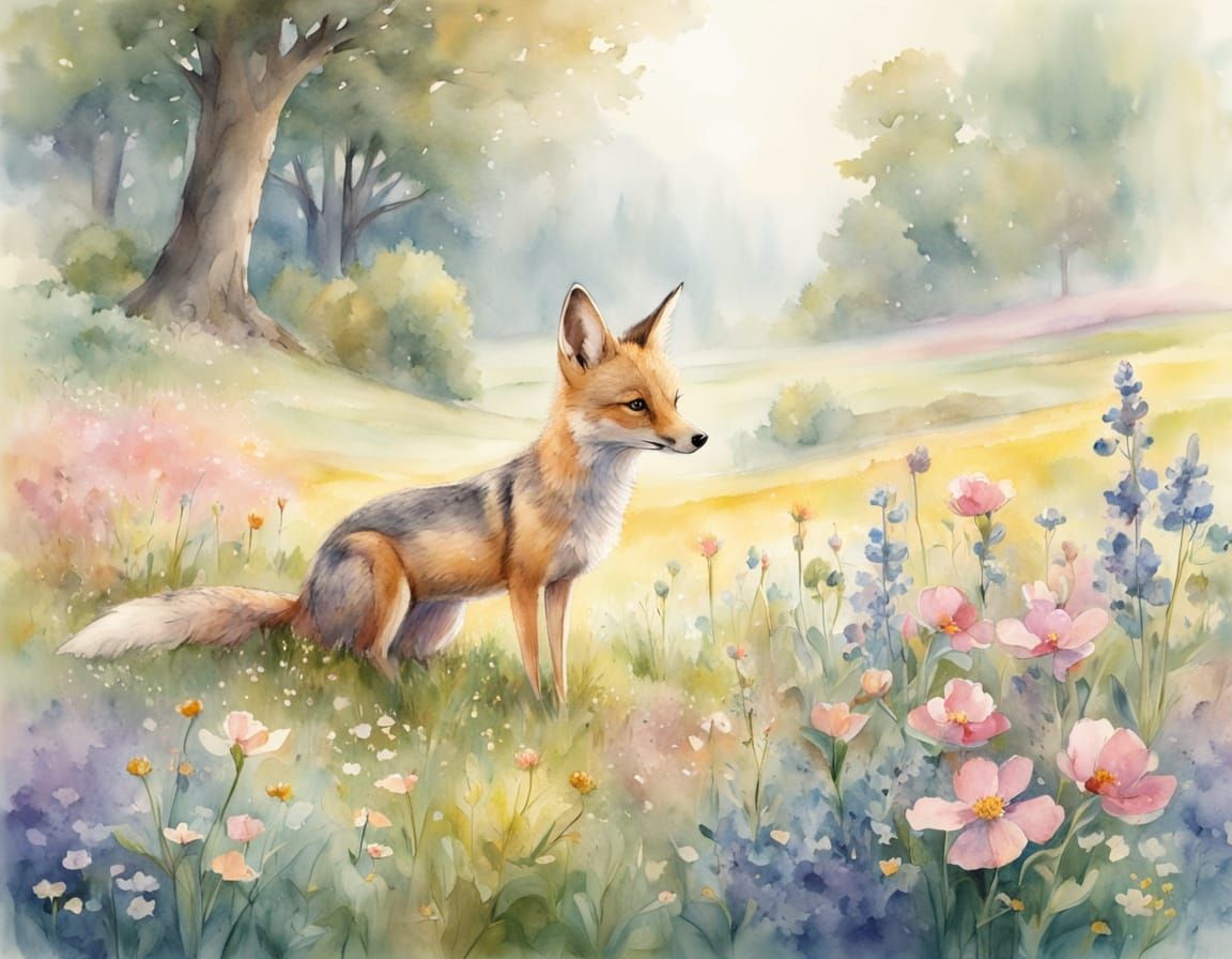 Whimsical Watercolor Scene of a Jackal in a Springtime Meado...