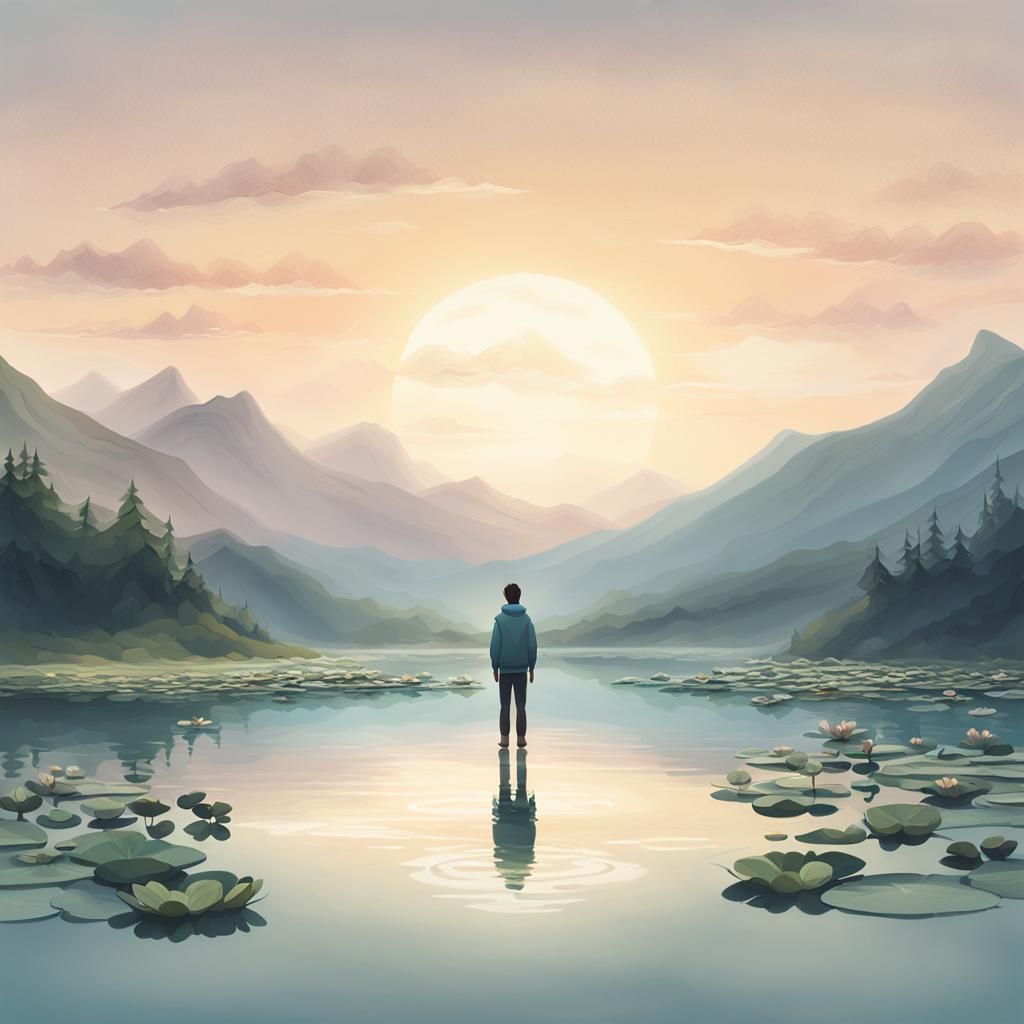 Peaceful Lakeside Contemplation in Watercolor Style