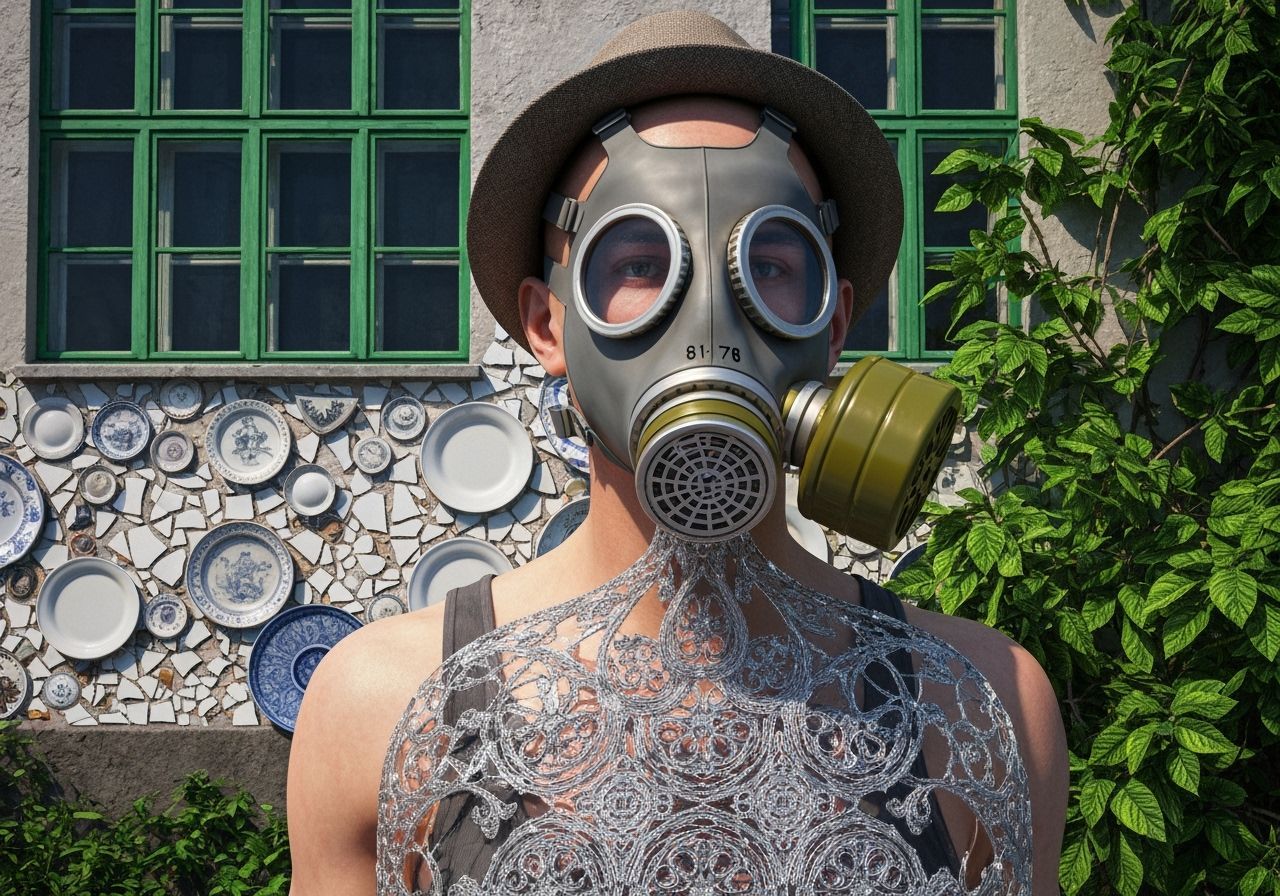 Person in Soviet Gas Mask Amidst Surreal Collage Art