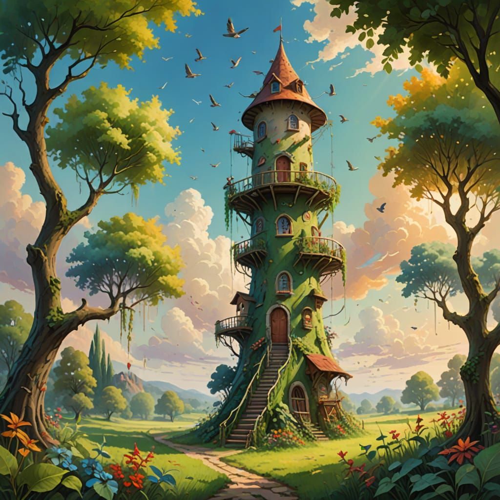 Whimsical Beanstalk Scene in Oil Painting Style