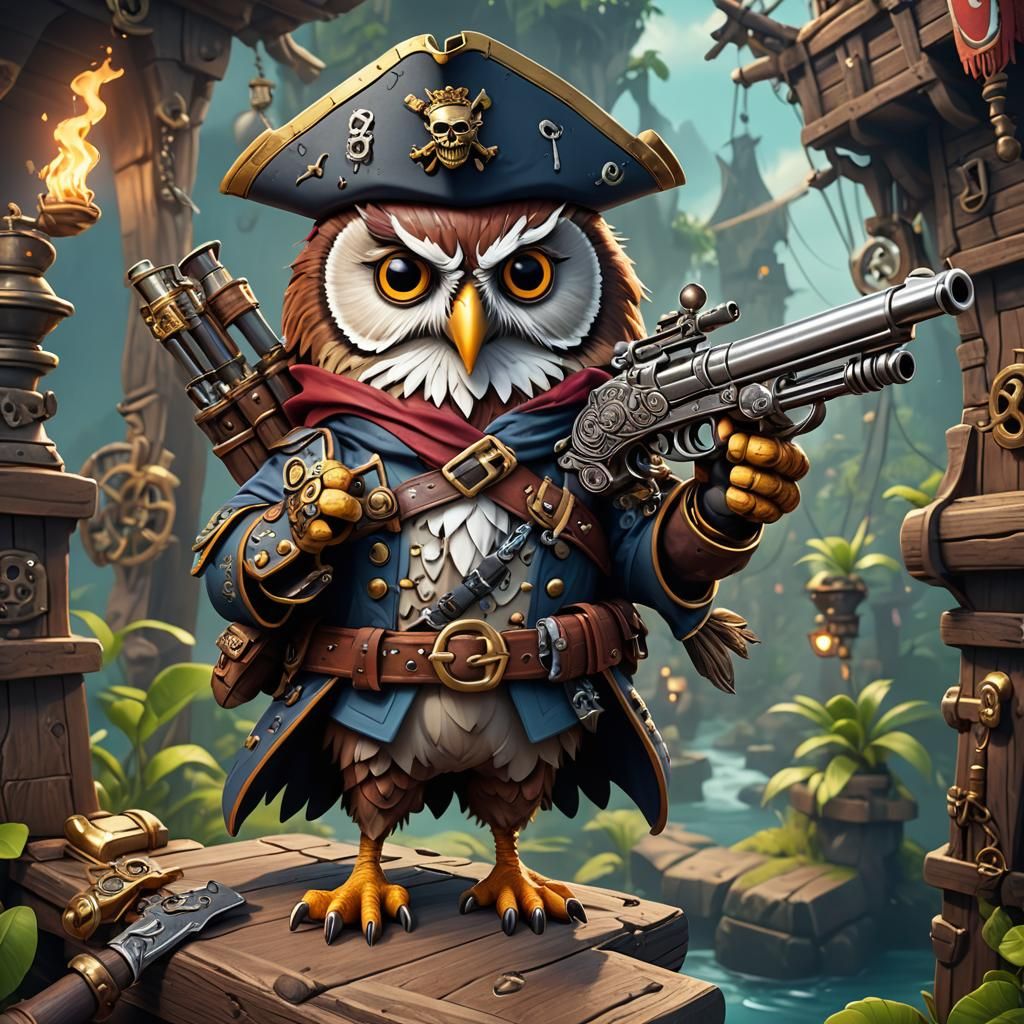 Cartoon Pirate Owl with Pistol: Fantasy Concept Art