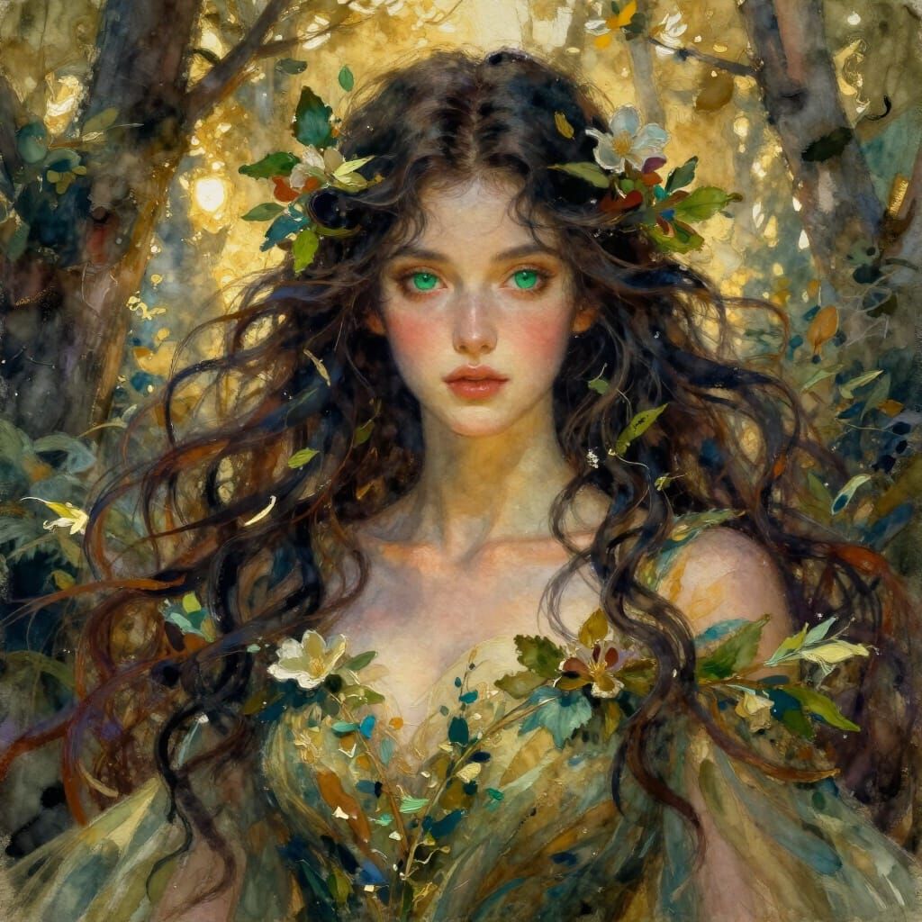 Forest Oracle Portrait in Gouache and Watercolor Style