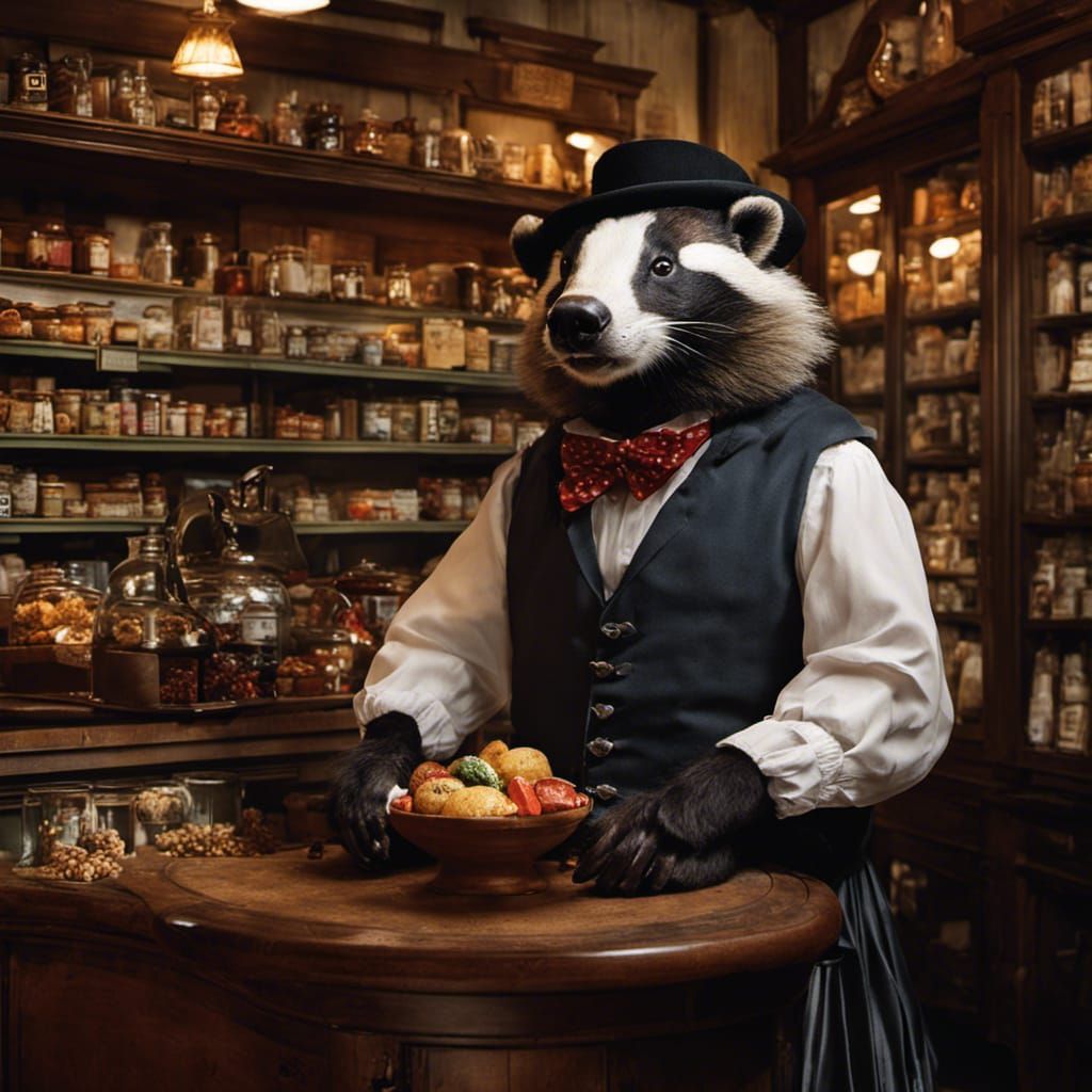 Badger in Victorian Clothing in Old Sweet Shop