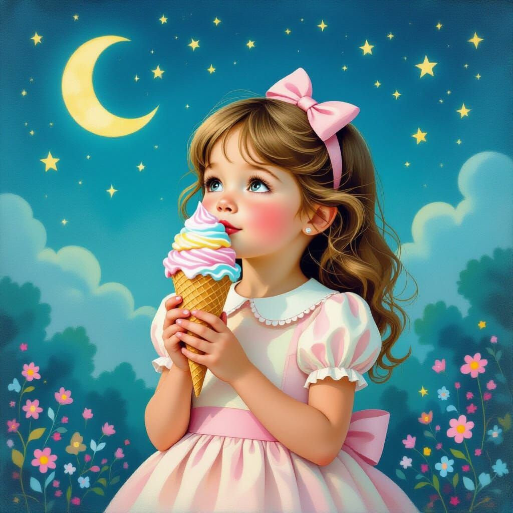 Girl with Moon Beam Ice Cream in Surreal Style