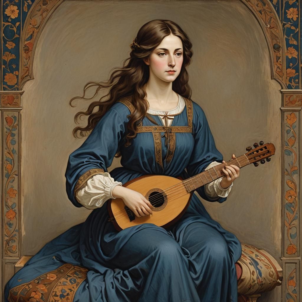 Handsome Woman with Lute in Blue Tunic