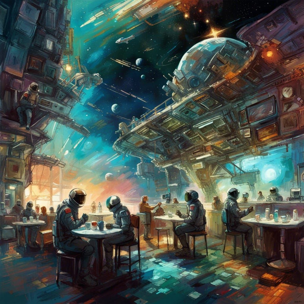 Maximalist Space Coffee Shop with Astronaut