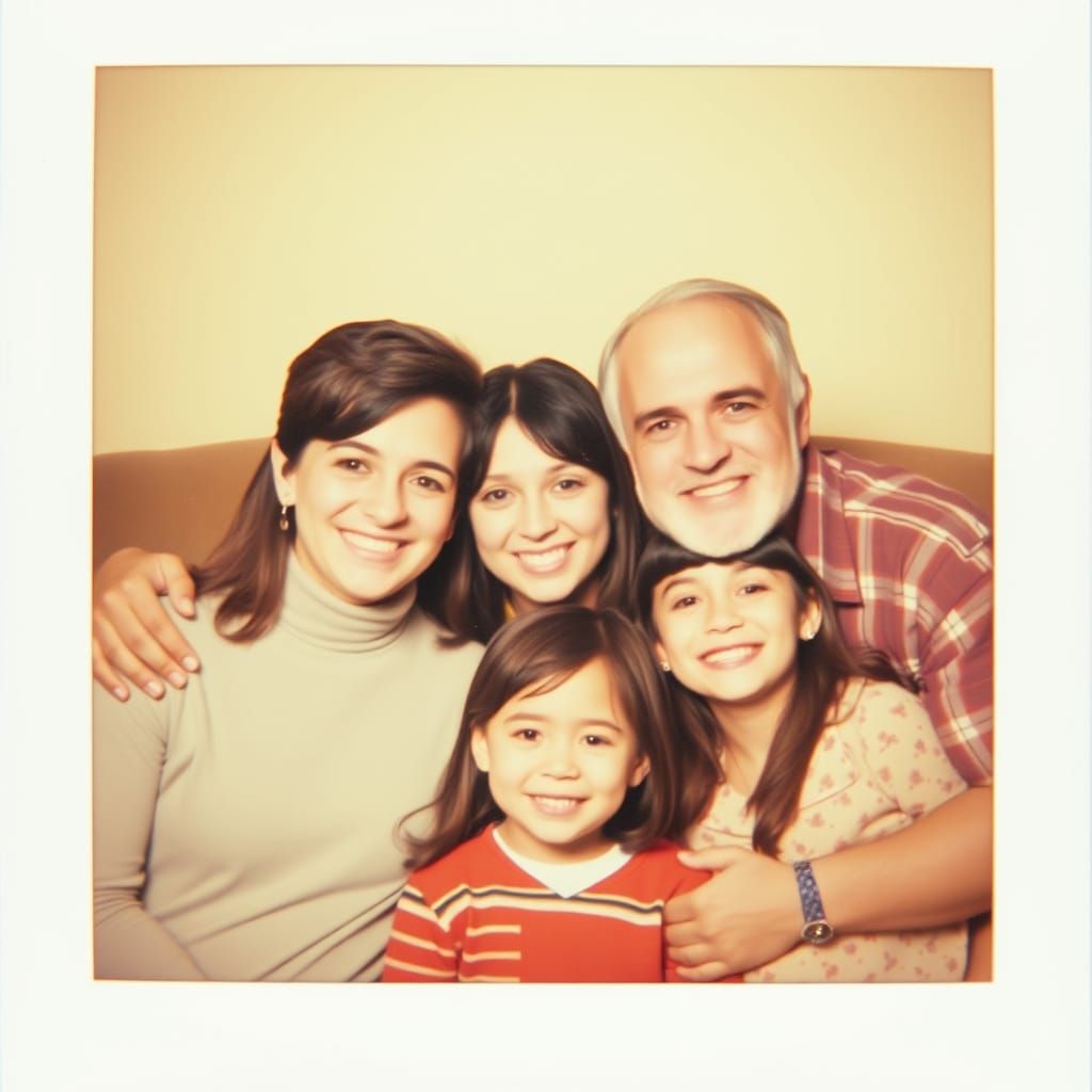 Happy Family Portrait in Vintage Polaroid Style