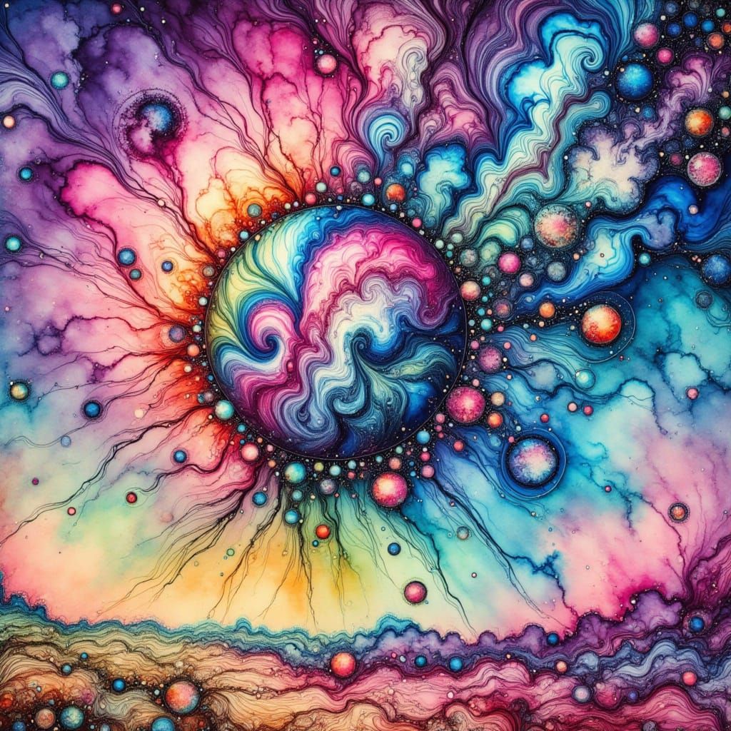 Planet Explosion in Alcoholic Inks Style
