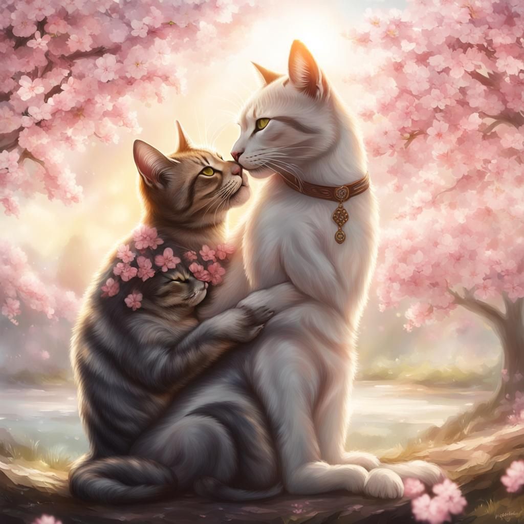 Romantic Khajiit Kissing Scene with Cherry Blossoms