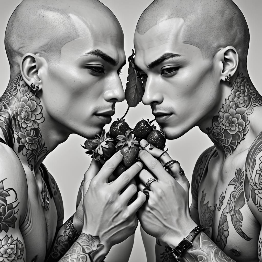 Manga Style: Two Bald Men Share Strawberries