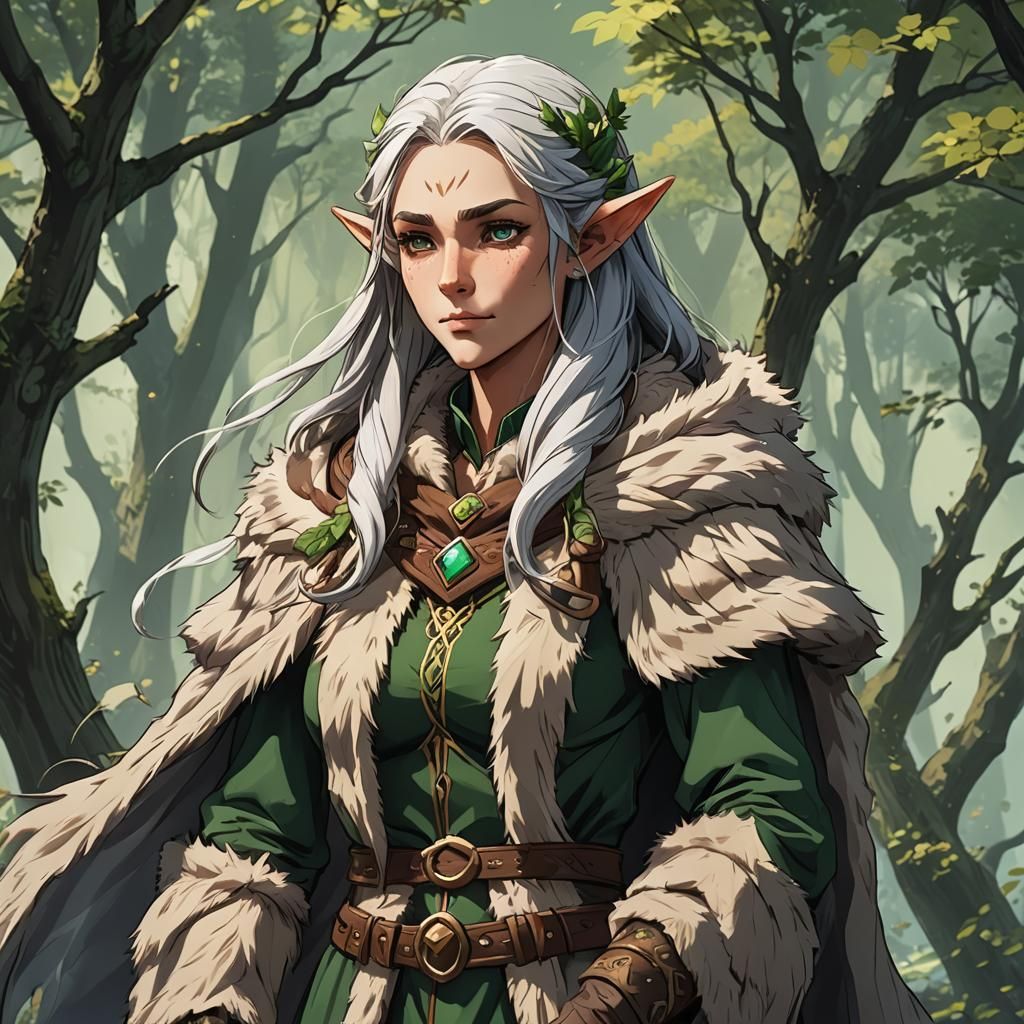 Elderly Female Elf Druid in Anime Style
