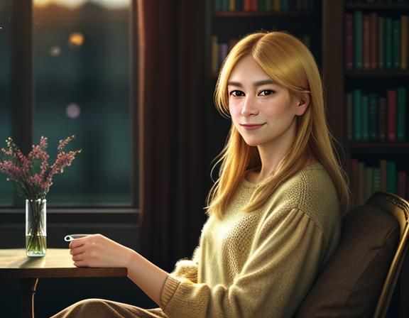 Impressionist Portrait of Woman in Cozy Library