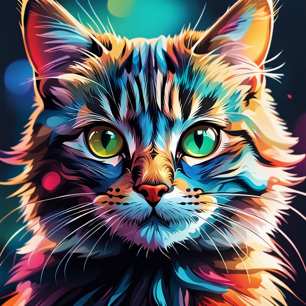 Vibrant Cartoon Cat Portrait in Bright Colors