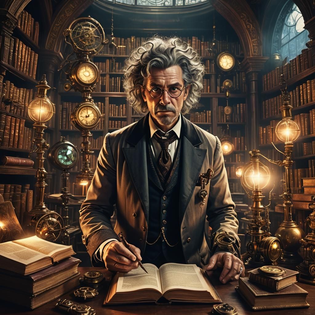 Steampunk Mad Scientist Lawyer in Victorian Study