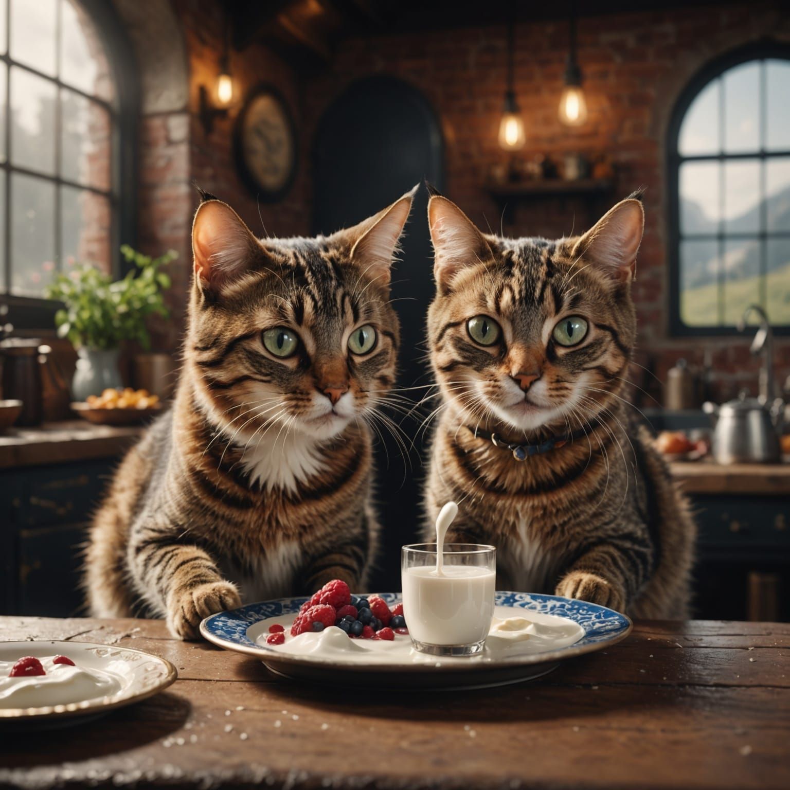 Fantastical Cats Lick Milk in Vibrant Matte Painting