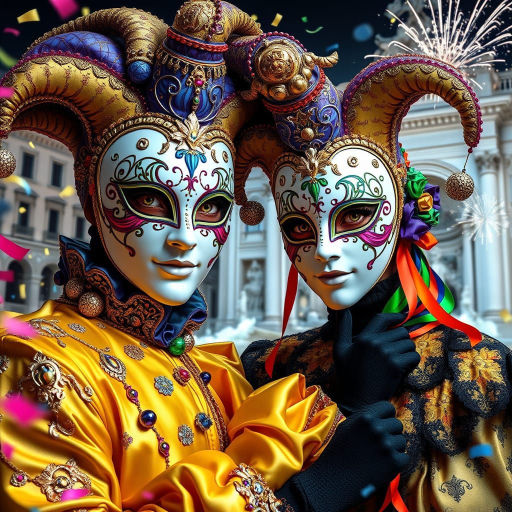 Venetian Carnival Couple Shines Bright in Fontana di Trevi S...