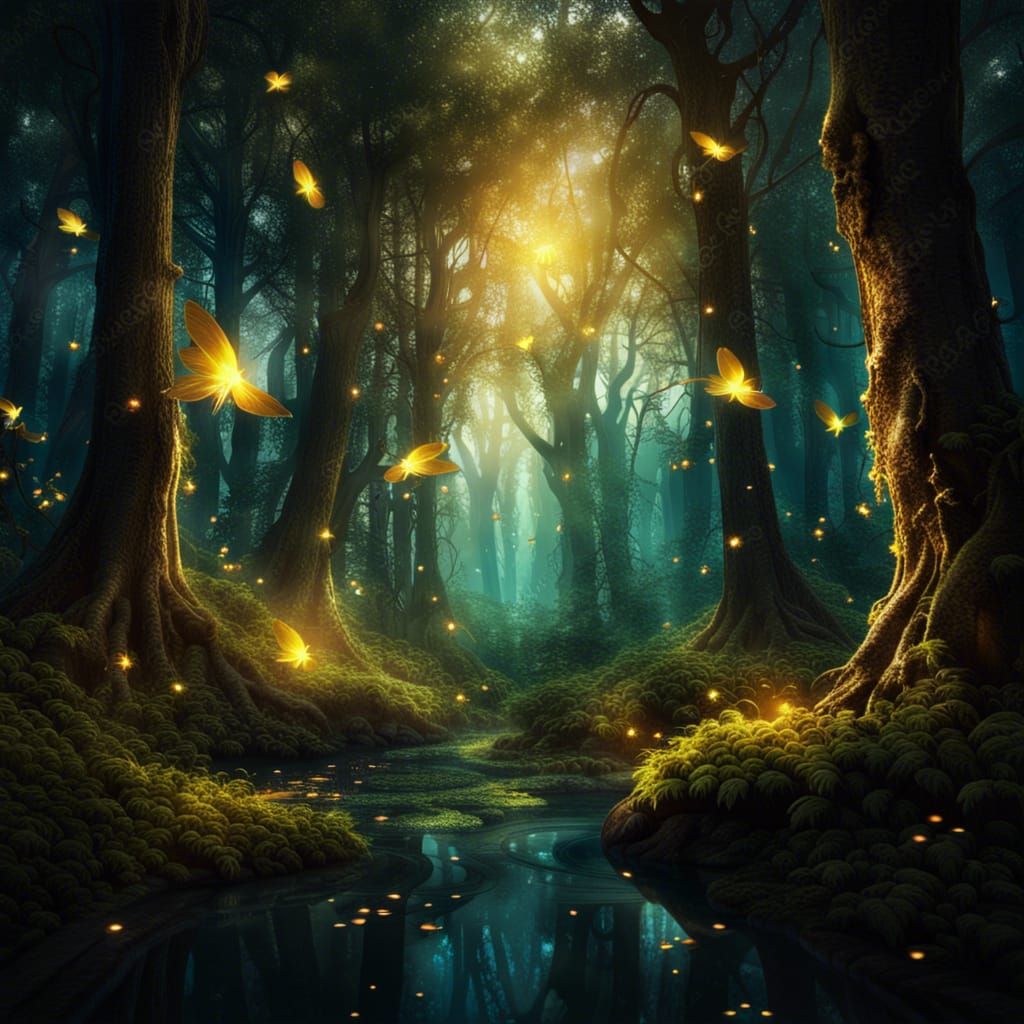 Enchanted Forest with Fireflies in High Fantasy Style