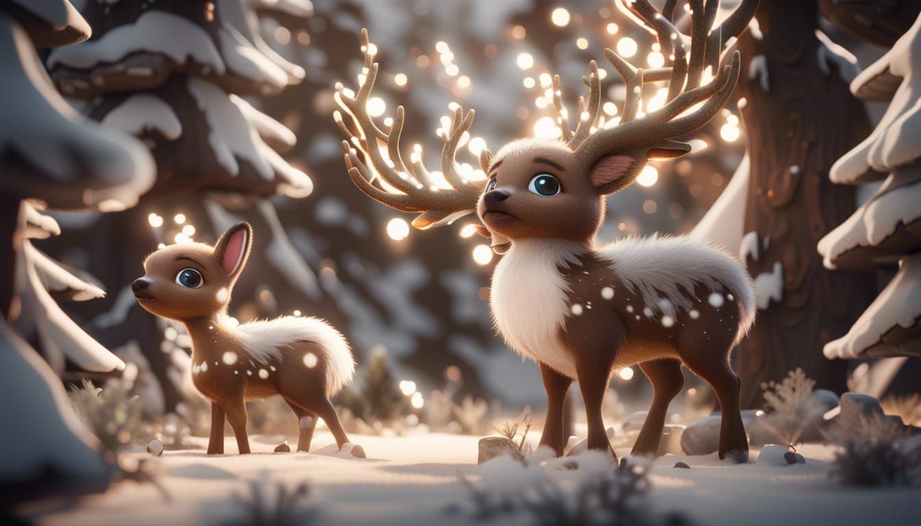 brown and white fluffy Celestial bambi christmas trees 3D Game Cinematic Feel, Epic 3D Videogame Graphics, Intricately D...