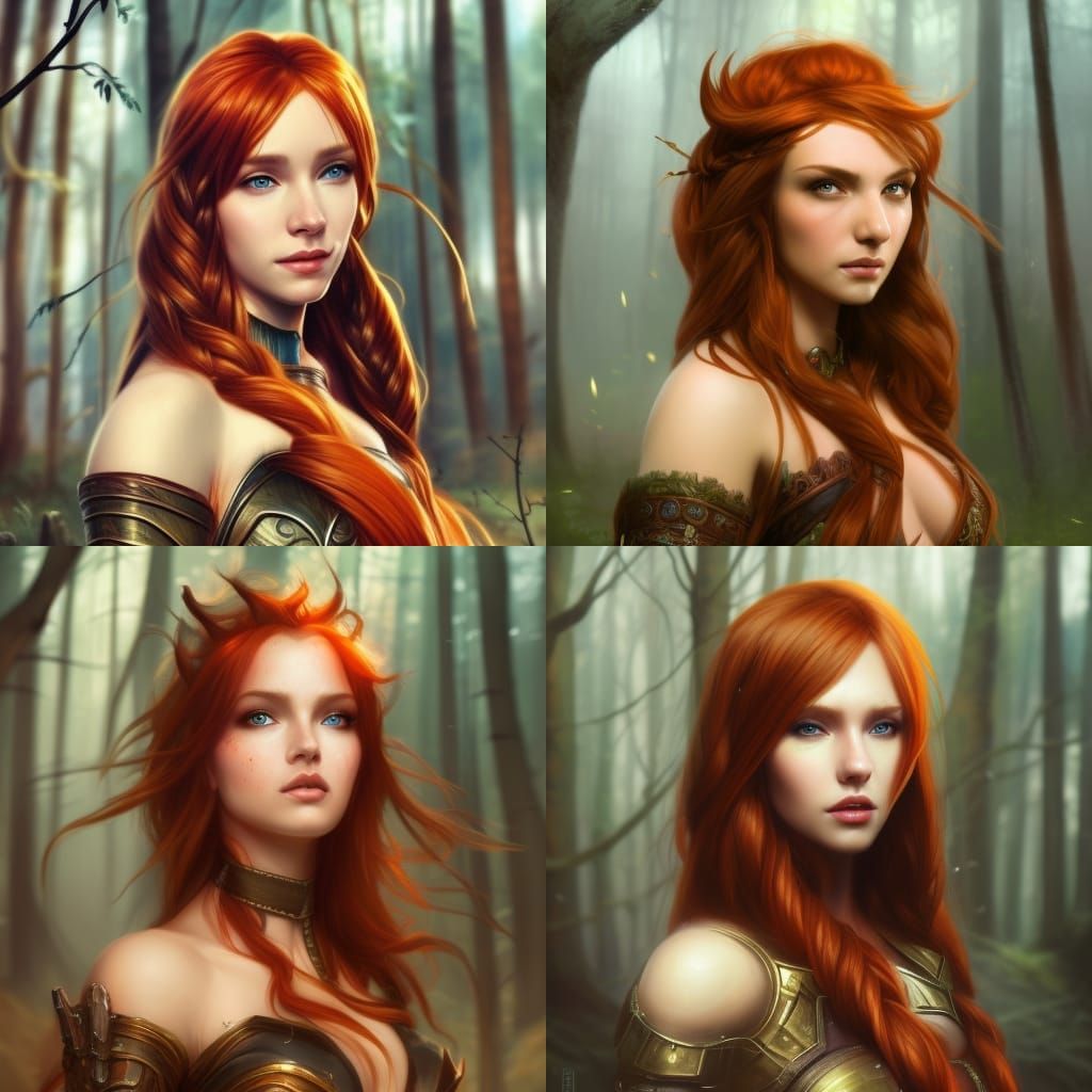 Elven Redhead Portrait in Forest, Detailed Digital Art