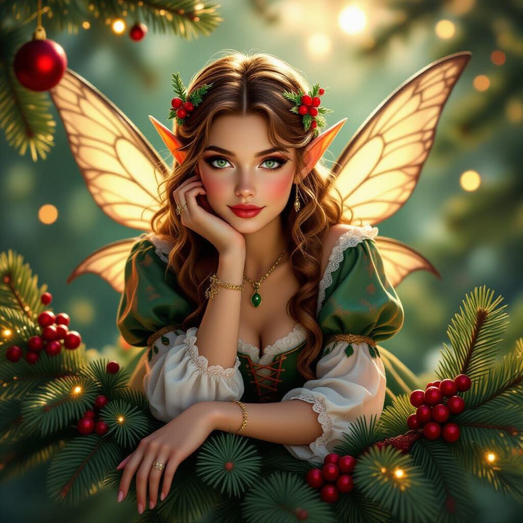 Elven Fairy in Vintage Christmas Attire on Pine Branch