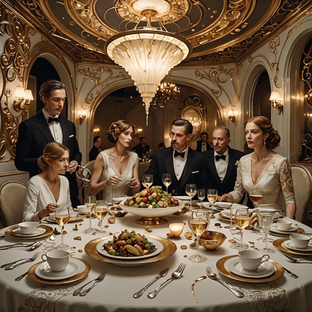 Surreal Art Nouveau Dinner Interrupted by UFO