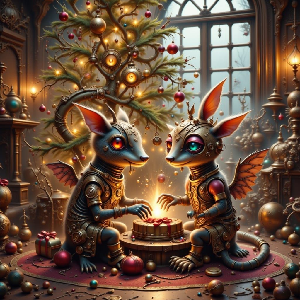 Steampunk Lovers Exchange Gifts Under Festive Tree