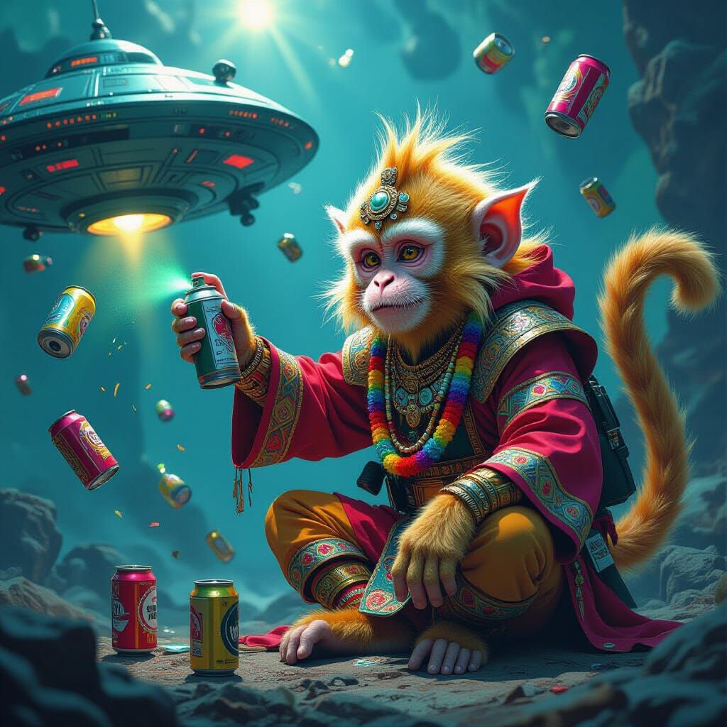 Monkey Graffiti Artist on Alien Spaceship in Maximalist Styl...