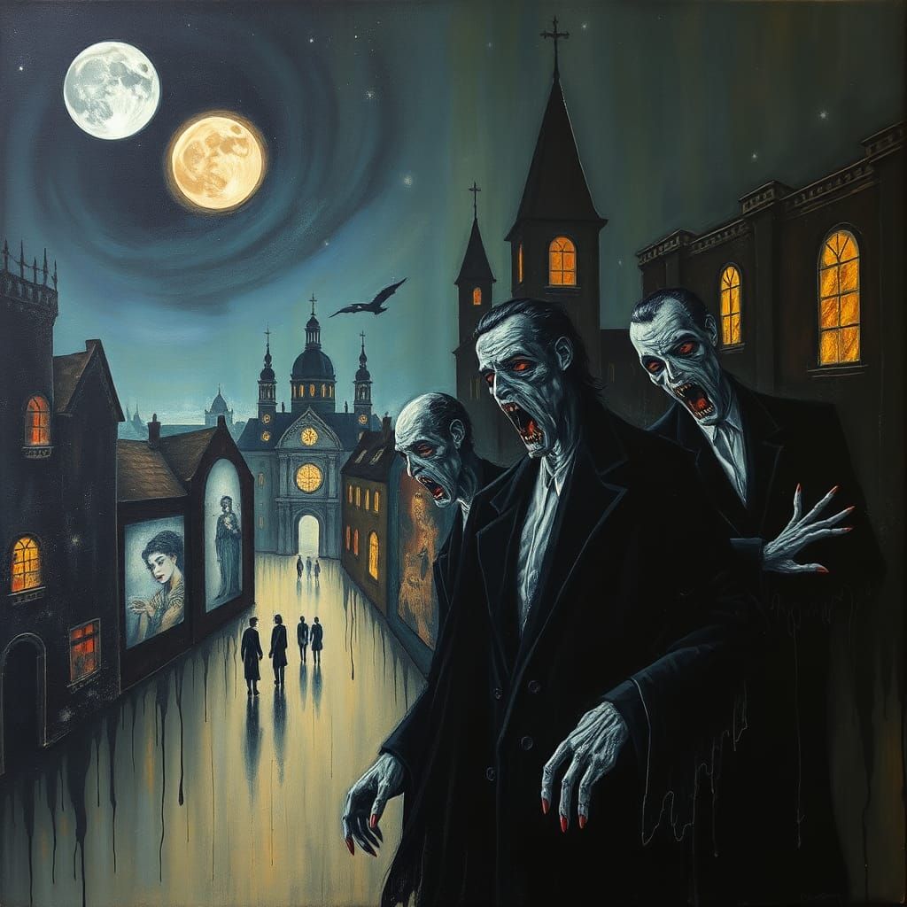 Vampires in a City at Night: Surreal Oil Painting