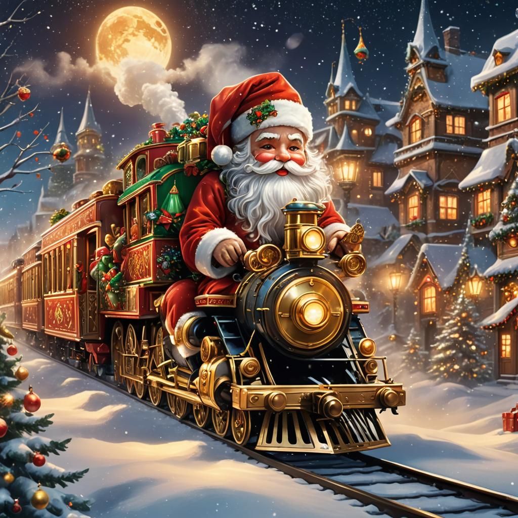 Santa Drives a Decorated Christmas Train: Digital Art