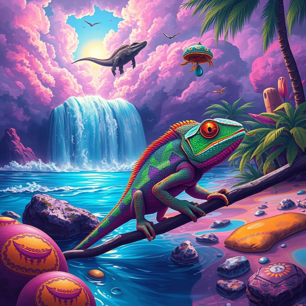 Psychedelic Beach Chameleon with Flying Crocodile