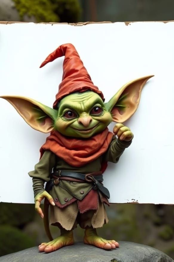 Mischievous Green Gremlin Holds Up a Blank Sign with a Cheek...